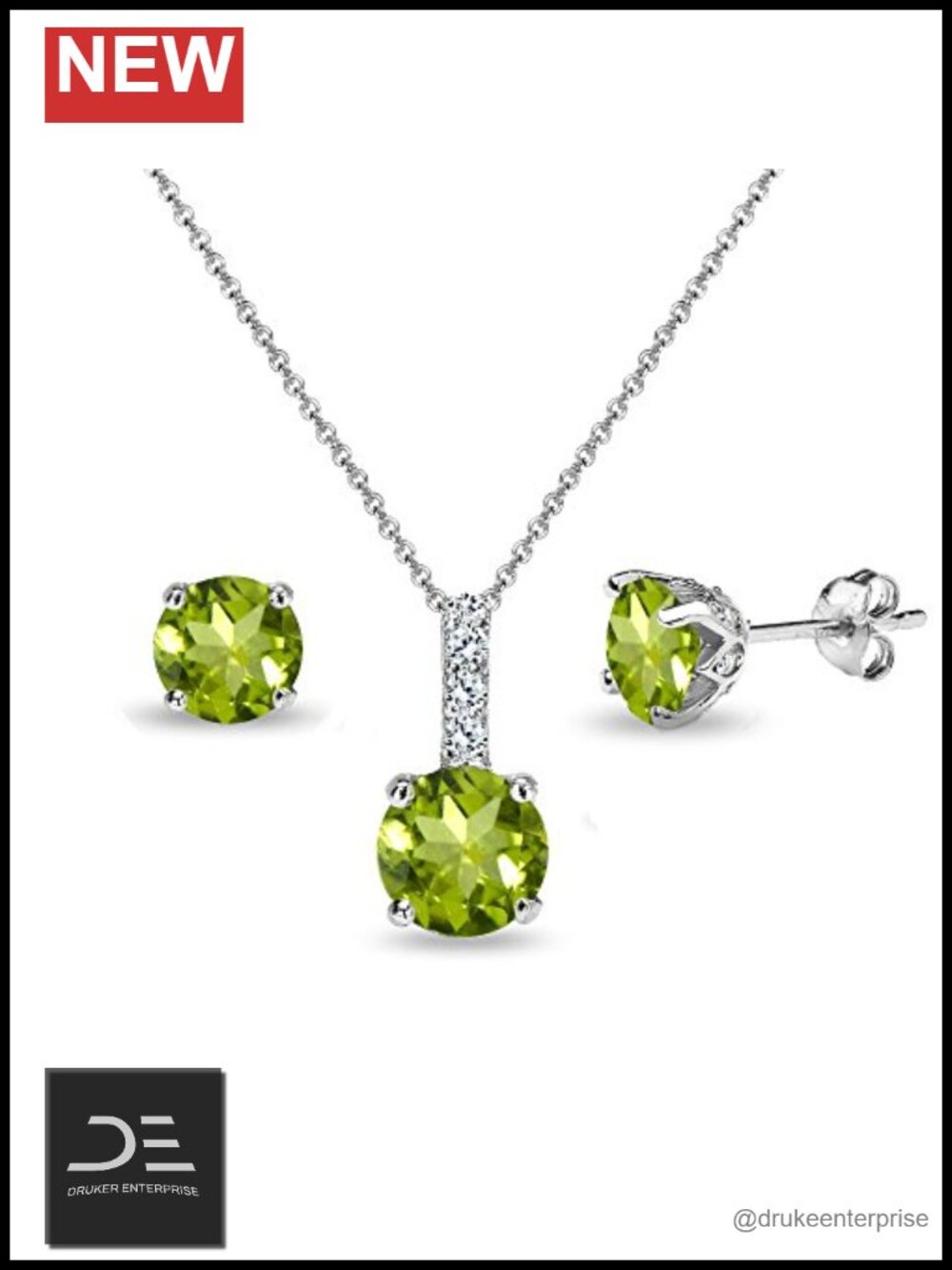 Sterling Silver Peridot & White Topaz Crown Necklace & Stud Earrings Jewelry Set